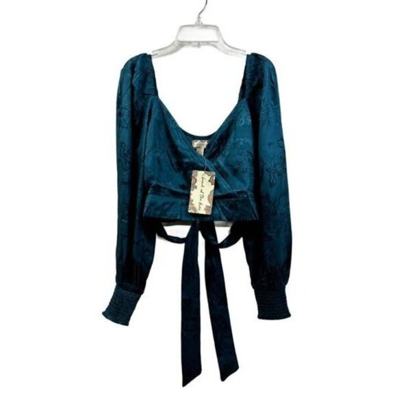 Band of the Free Top Womens Medium Wrap Crop Teal Satin Jacquard Festival Glam - Picture 6 of 10